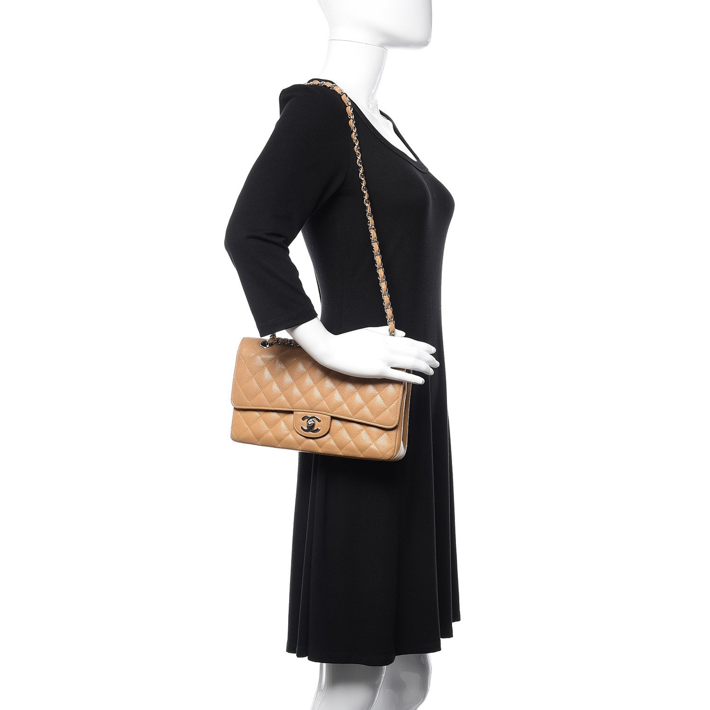 Caviar Quilted Medium Double Flap Beige