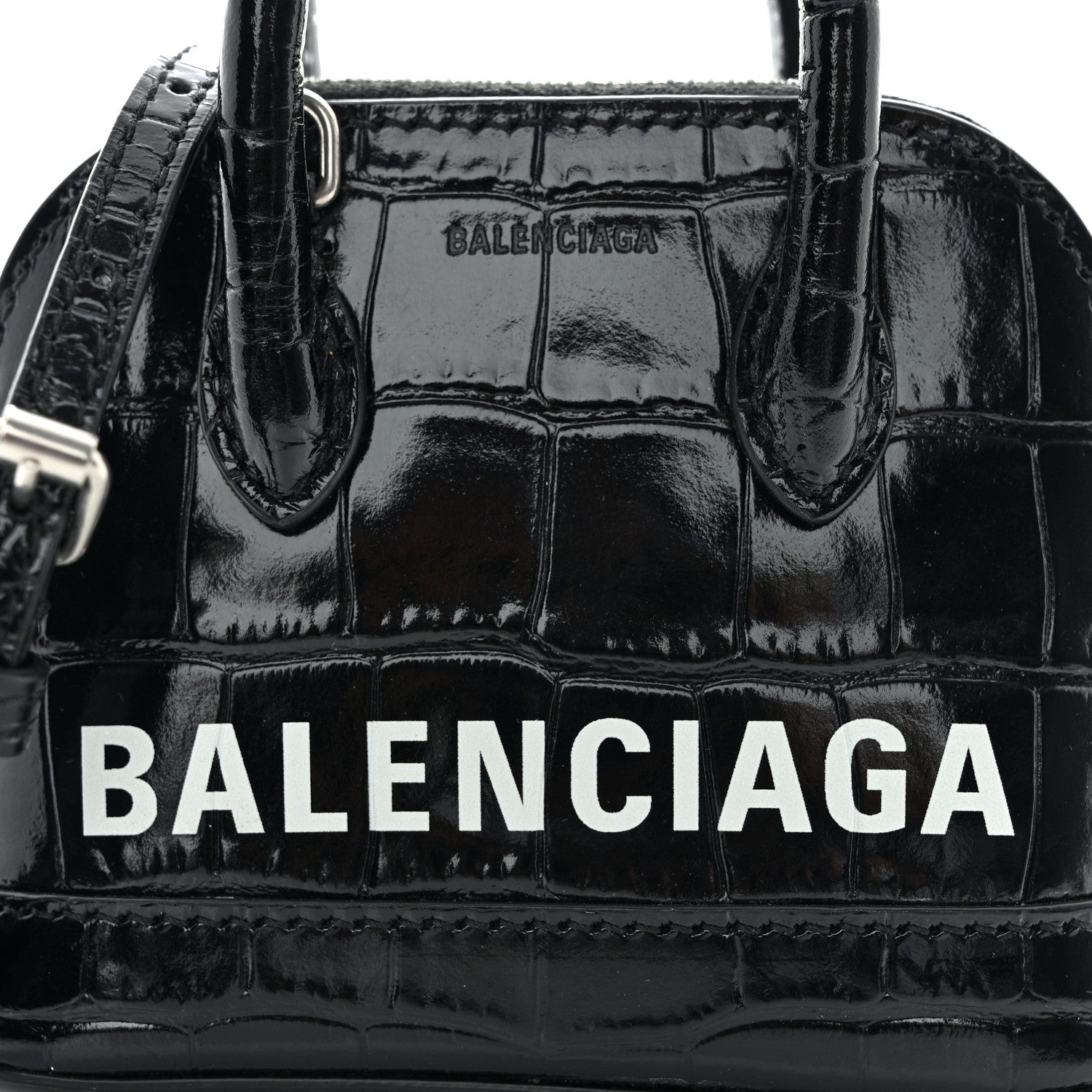 Balenciaga Shiny Calfskin Logo Crocodile Embossed Mini Ville Top Handle Bag Black 8 of 11