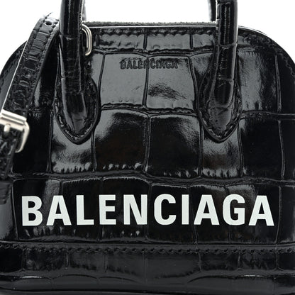 Balenciaga Shiny Calfskin Logo Crocodile Embossed Mini Ville Top Handle Bag Black 8 of 11