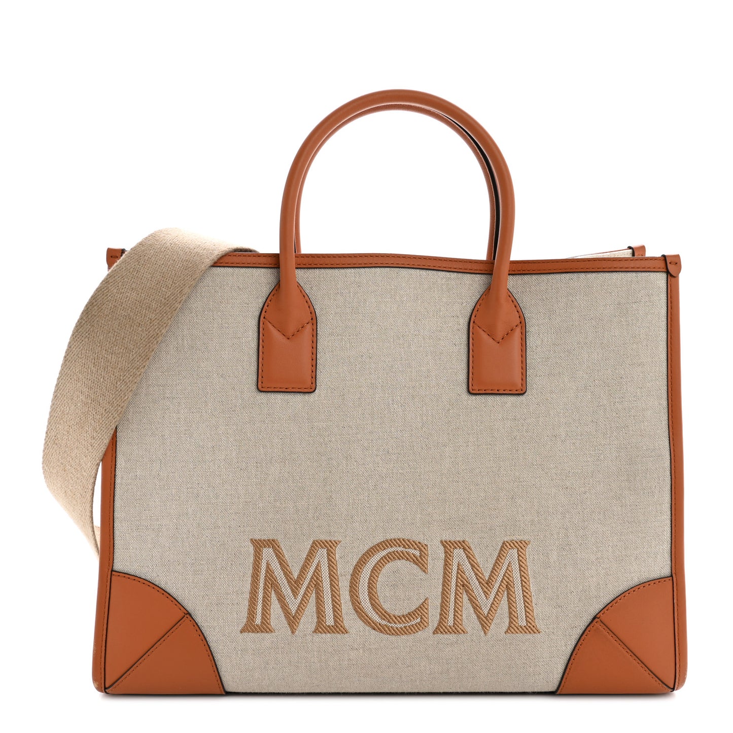 Calfskin Linen Large Munchen Tote Cognac