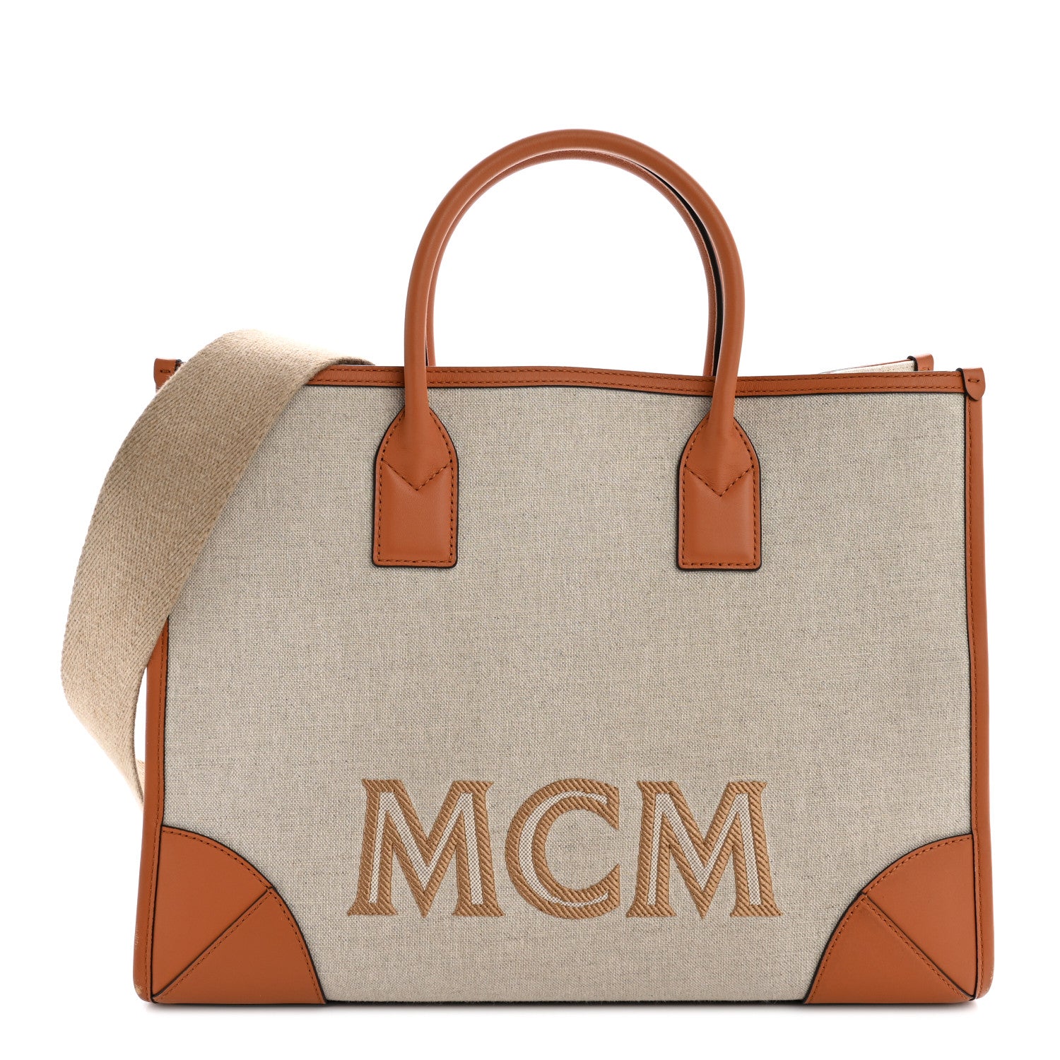 MCM Calfskin Linen Large Munchen Tote Cognac 1 of 12