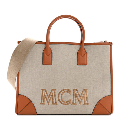 MCM Calfskin Linen Large Munchen Tote Cognac 1 of 12