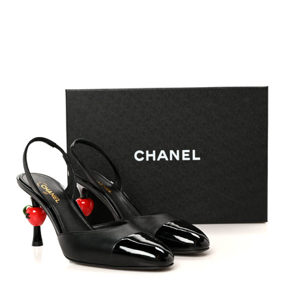 Chanel Lambskin Patent Cap Toe CC Apple Slingback Pumps 38 Black 10 of 10