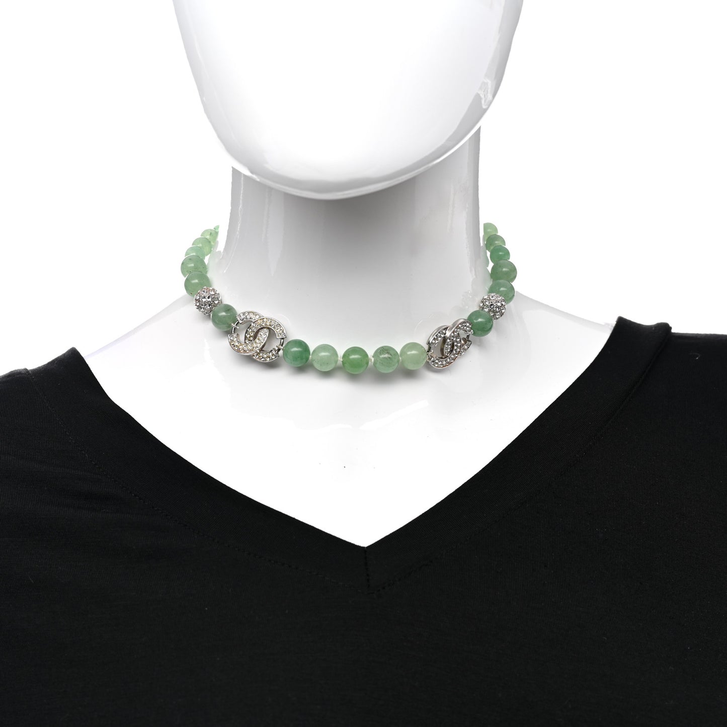 Bead Crystal CC Choker Necklace Green Silver