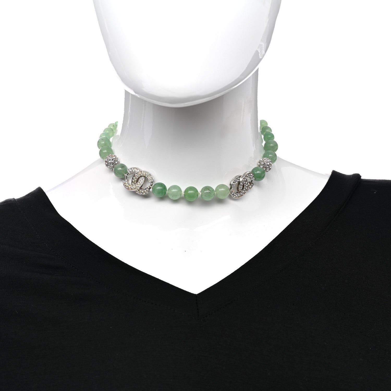Chanel Bead Crystal CC Choker Necklace Green Silver 2 of 6