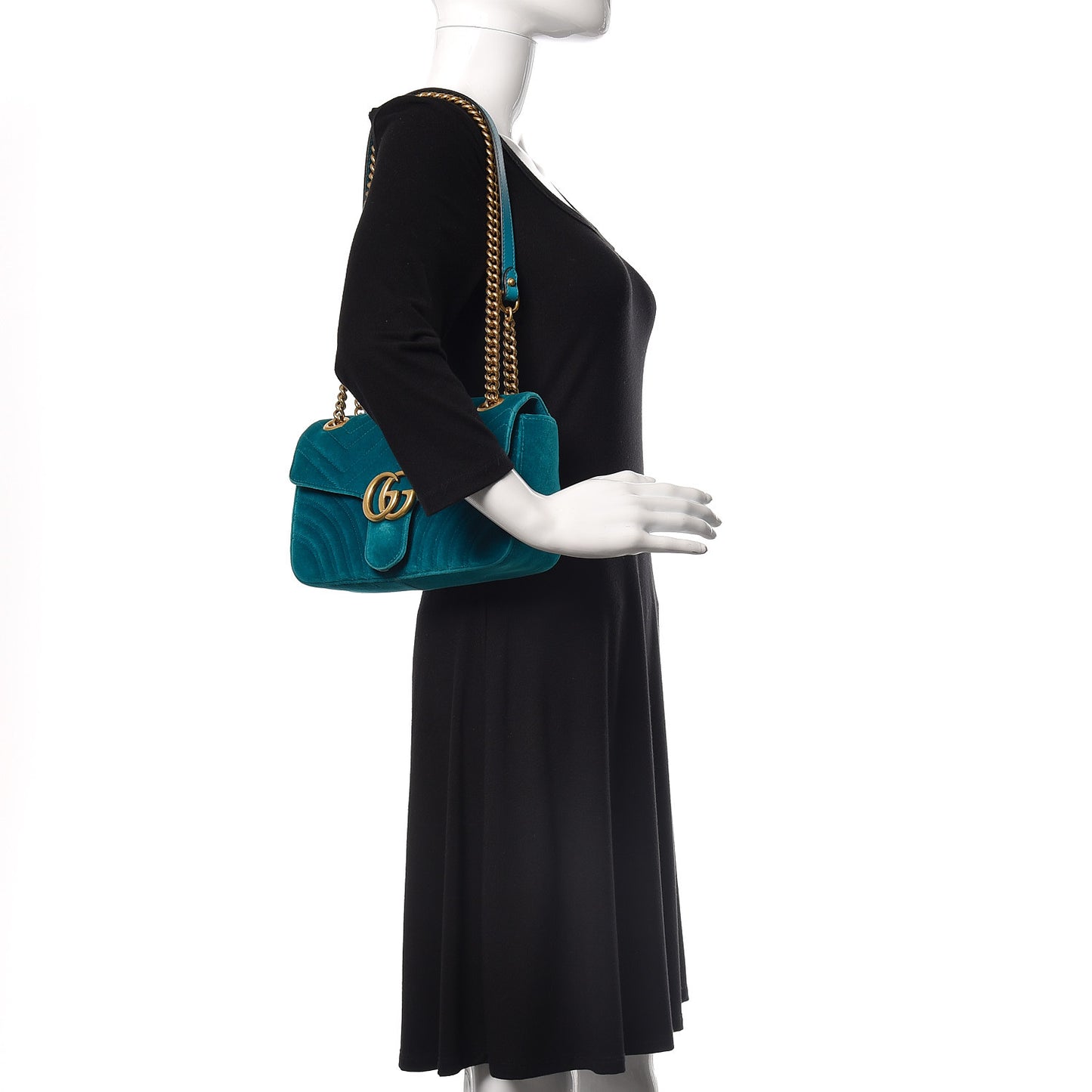 Velvet Matelasse Small GG Marmont Shoulder Bag Pavone Cyan