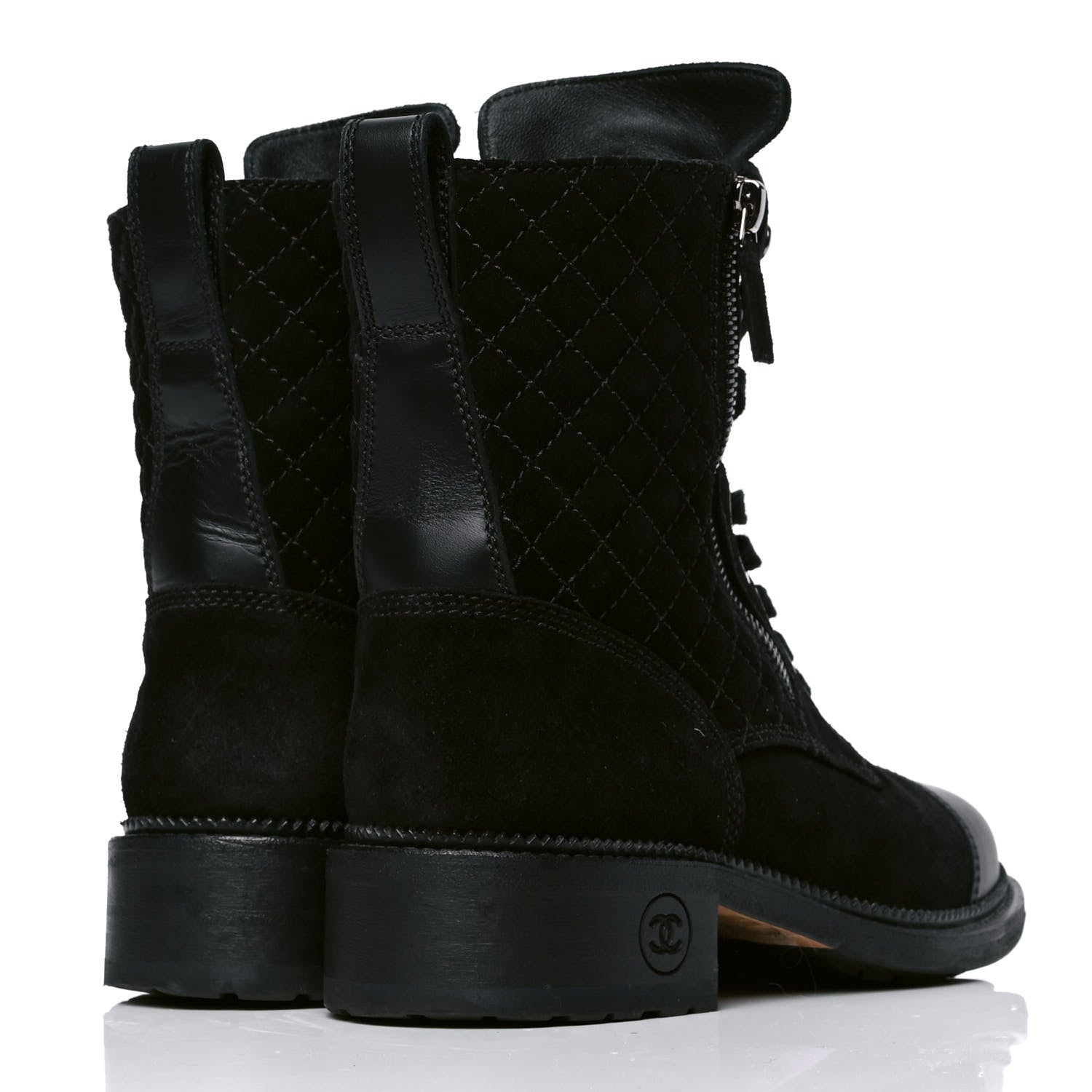 Chanel Suede Quilted CC Lace Up Combat Boots 37 Black 3 of 5