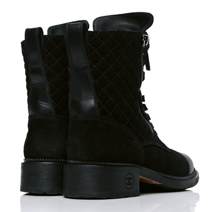 Chanel Suede Quilted CC Lace Up Combat Boots 37 Black 3 of 5
