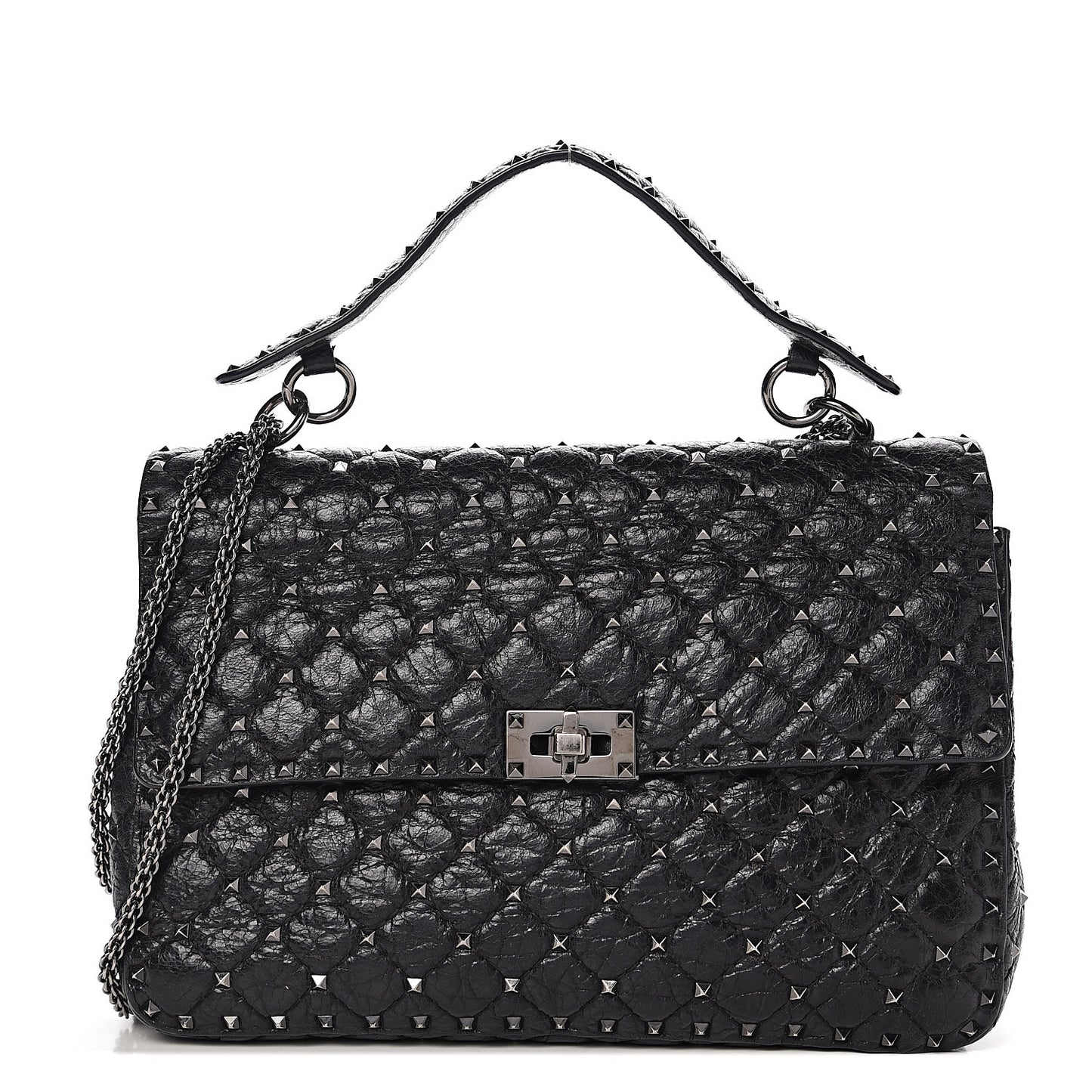 Craquele Nappa Large Rockstud Spike Shoulder Bag Black