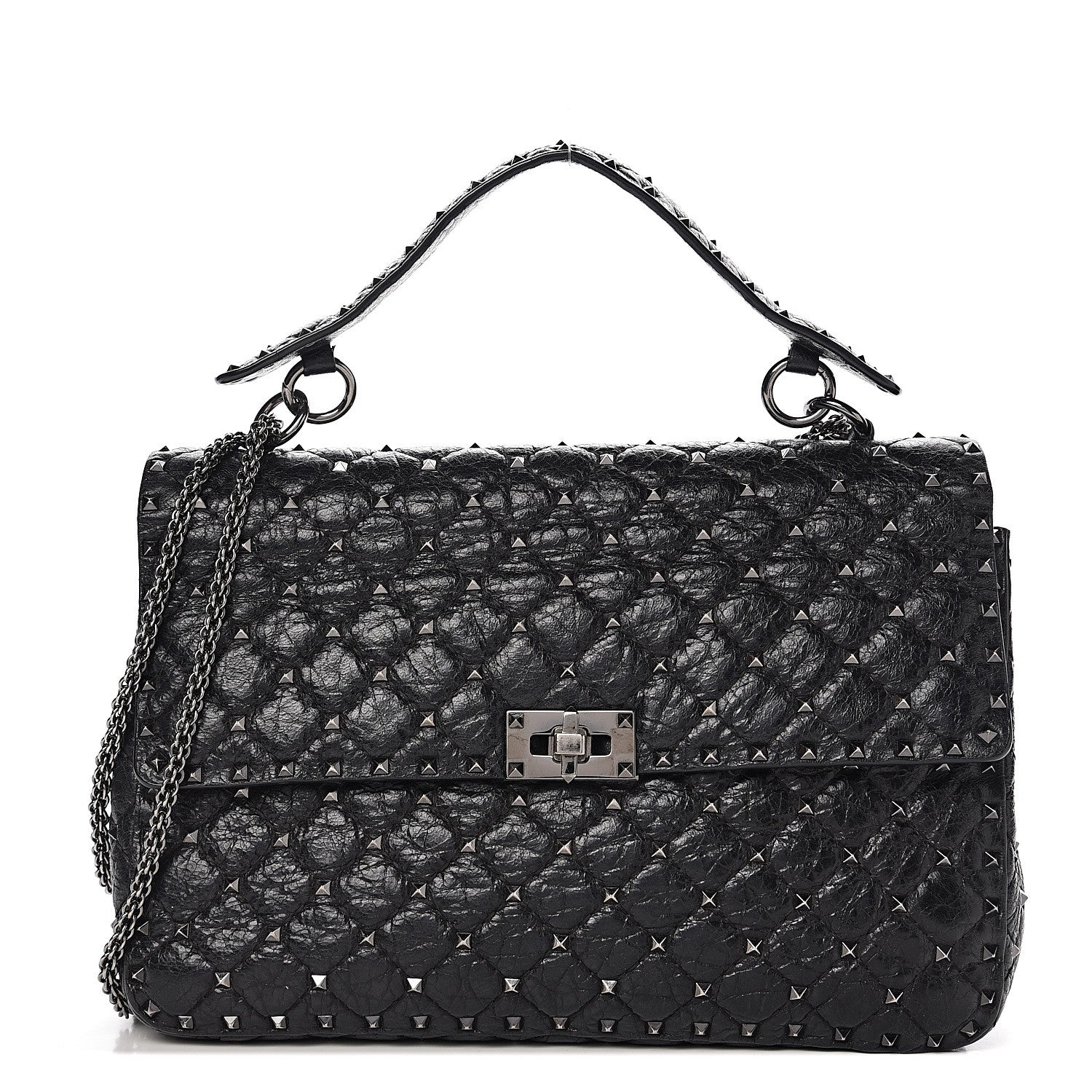 Valentino Garavani Craquele Nappa Large Rockstud Spike Shoulder Bag Black 1 of 12