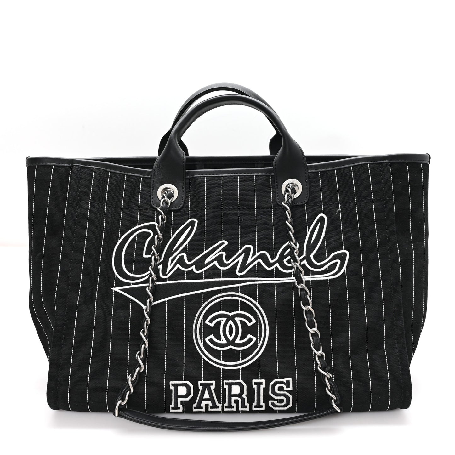 Canvas Calfskin Striped Medium Deauville Tote Black White