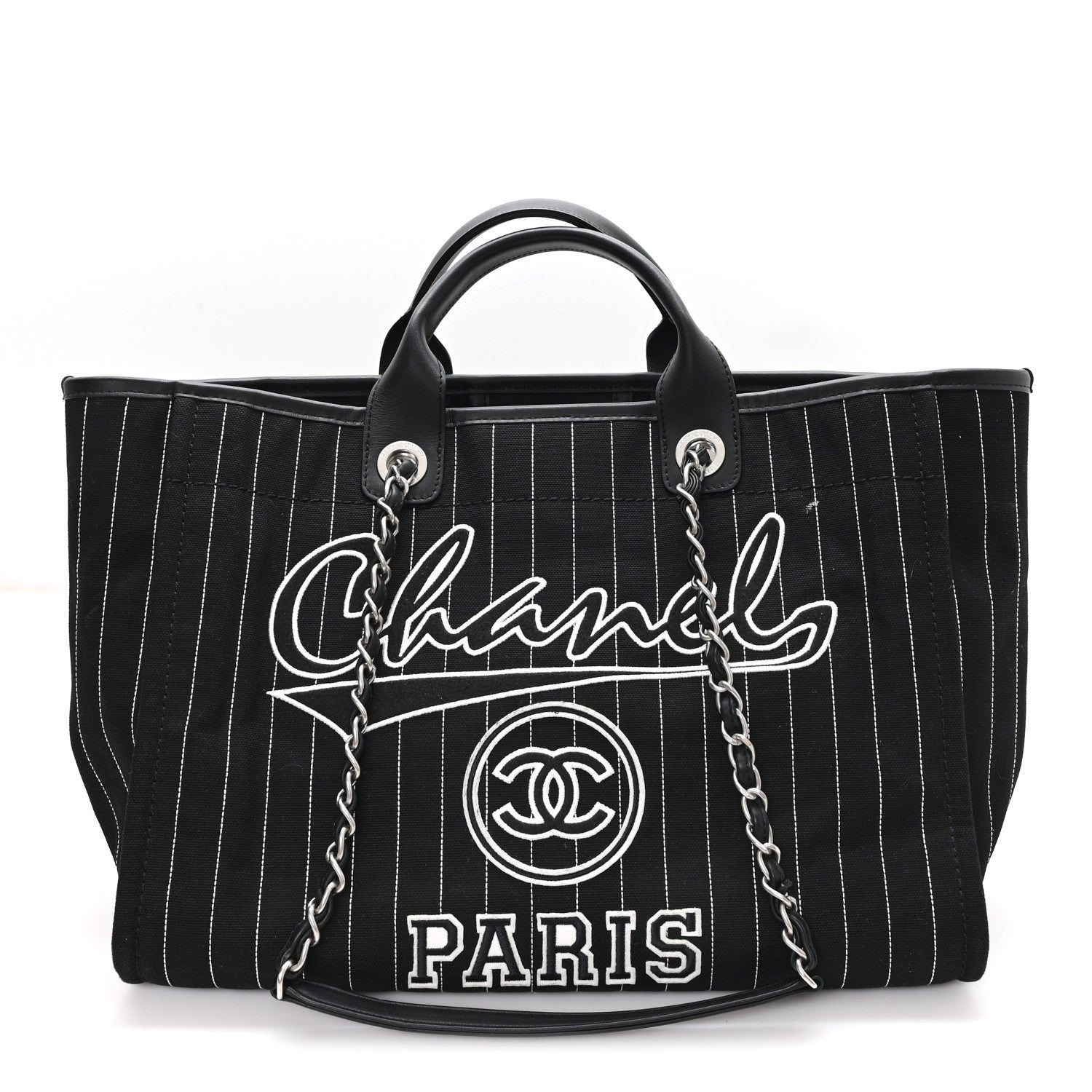 Chanel Canvas Calfskin Striped Medium Deauville Tote Black White 1 of 11