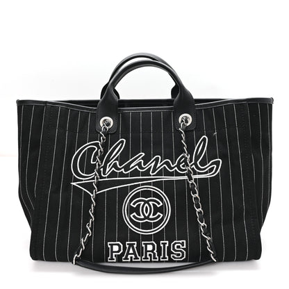 Chanel Canvas Calfskin Striped Medium Deauville Tote Black White 1 of 11