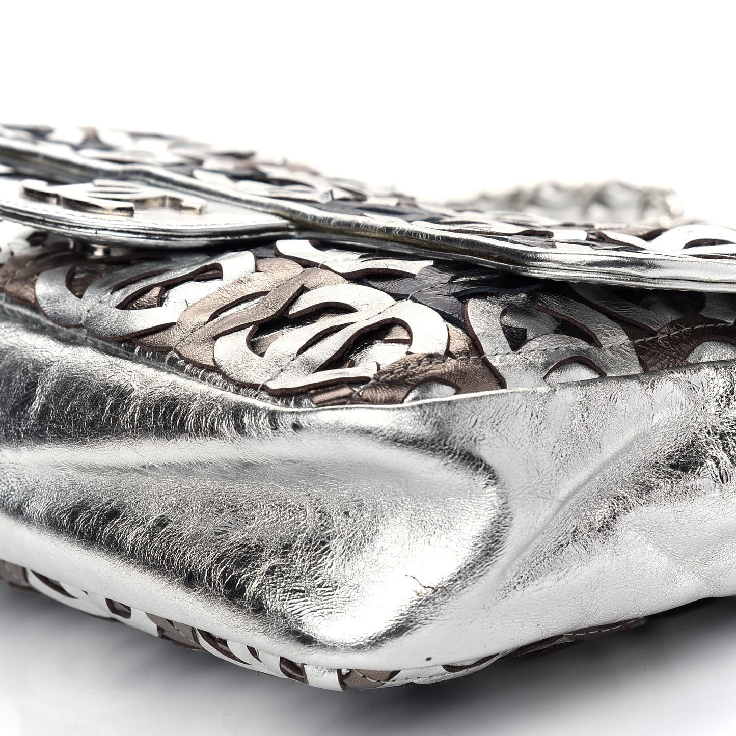 Metallic Crackled Calfskin Medium CC Mix Flap Silver Gold
