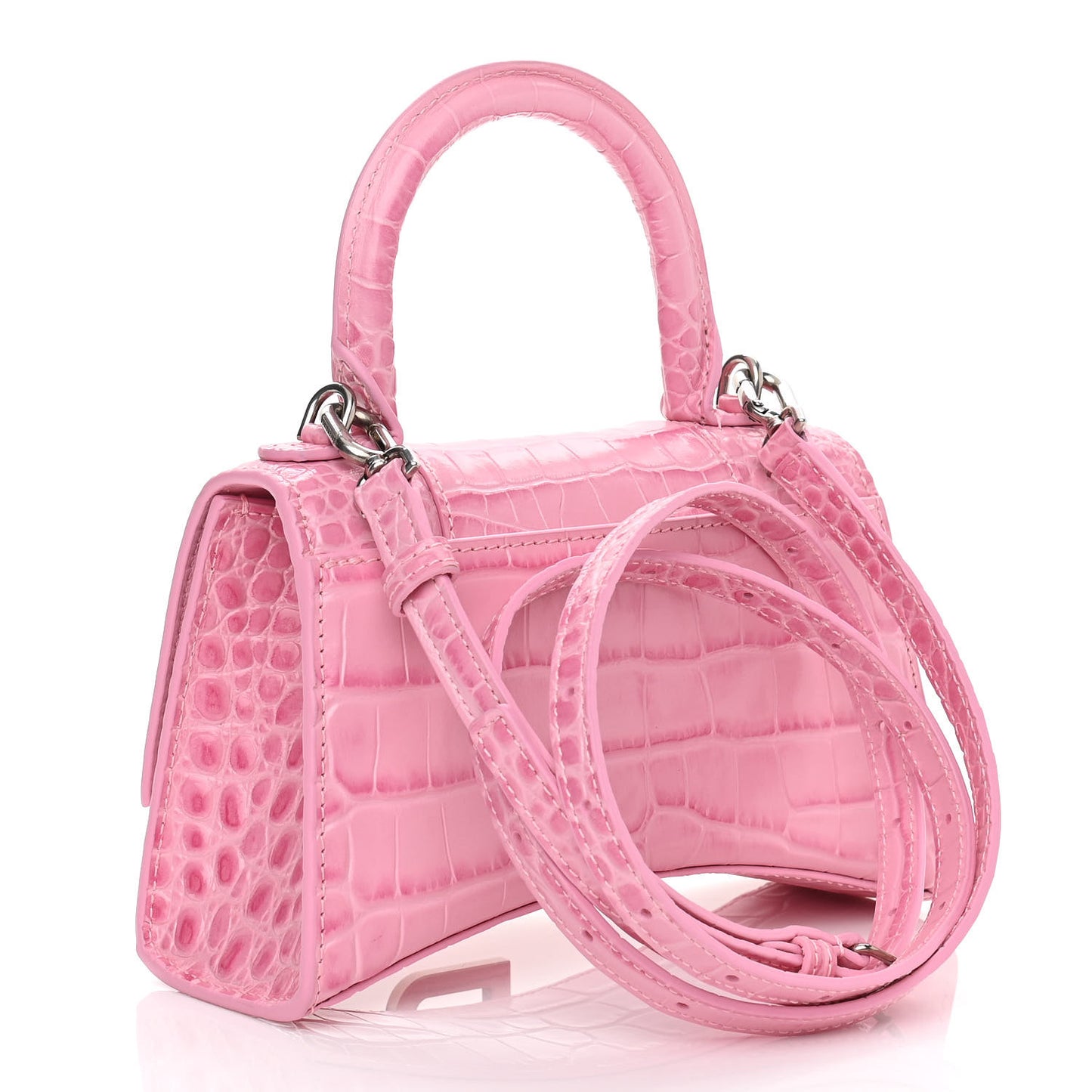 Shiny Calfskin Crocodile Embossed Hourglass Top Handle Bag XS Pink