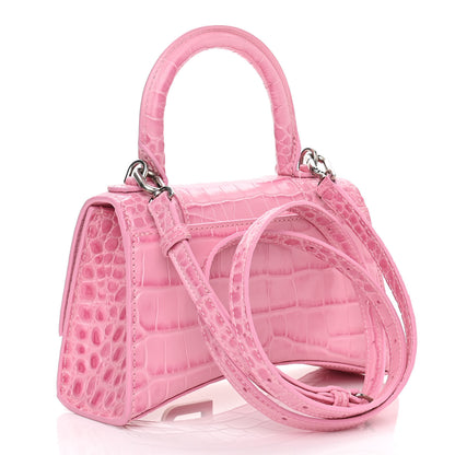 Balenciaga Shiny Calfskin Crocodile Embossed Hourglass Top Handle Bag XS Pink 3 of 11