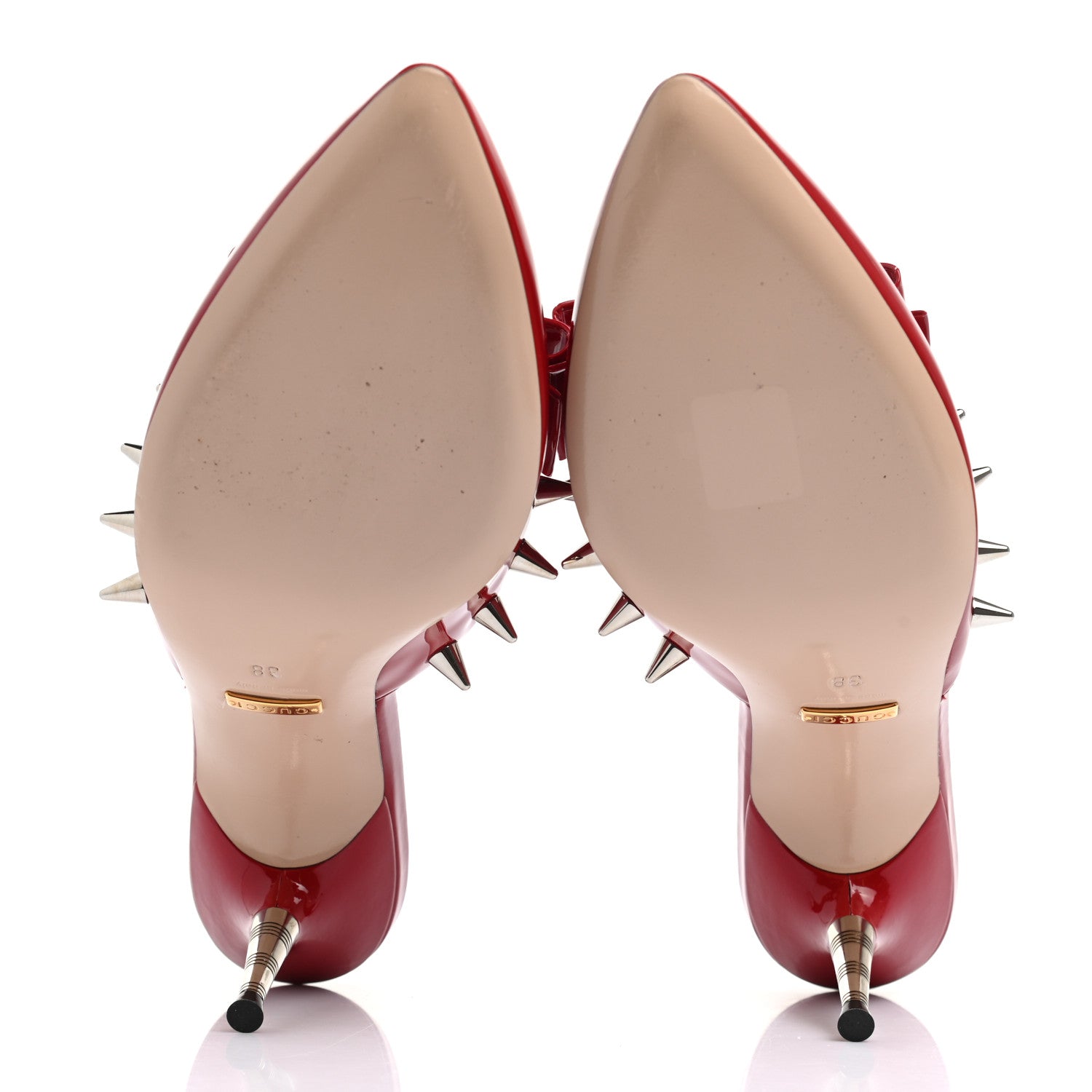 Gucci Patent GG Bow Sadie Spike Mid Heel Mules 38 Hibiscus Red 5 of 8