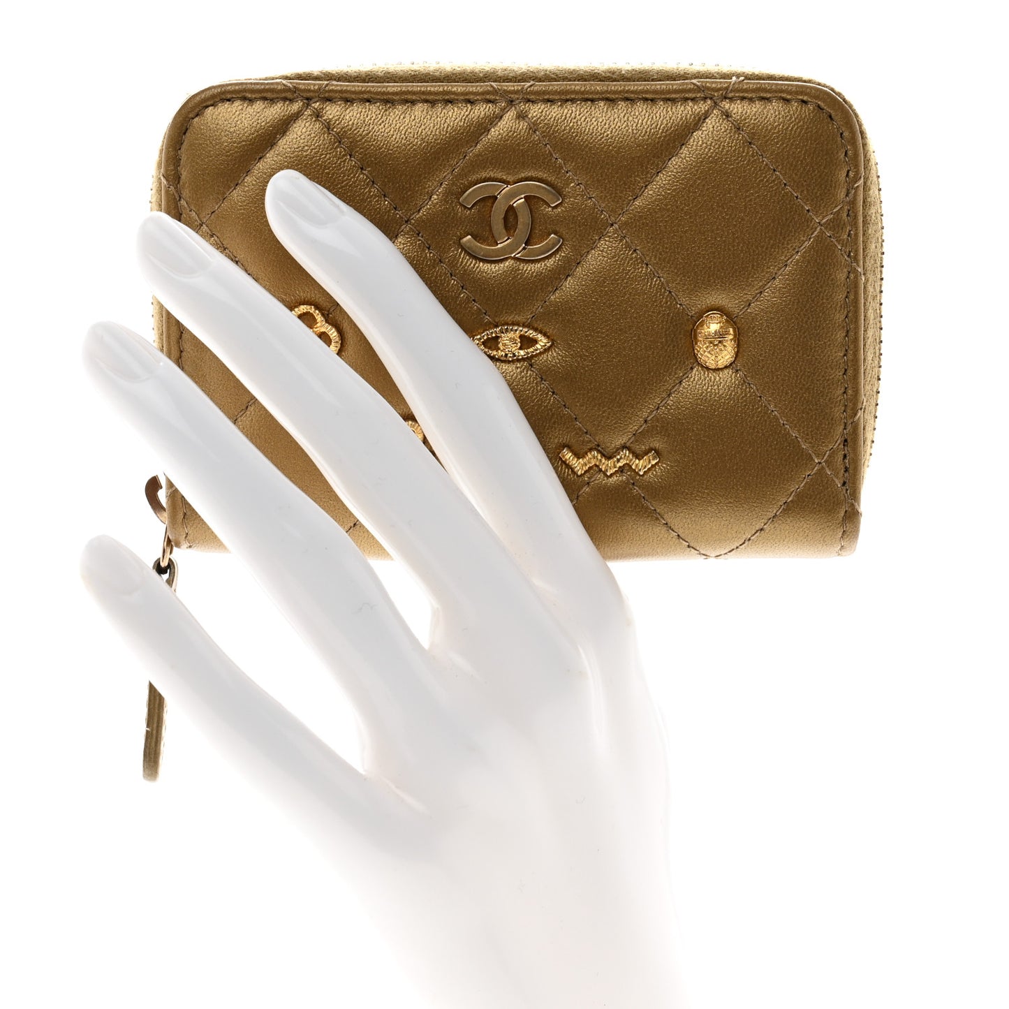 Metallic Lambskin Egyptian Amulet Zip Coin Purse Gold