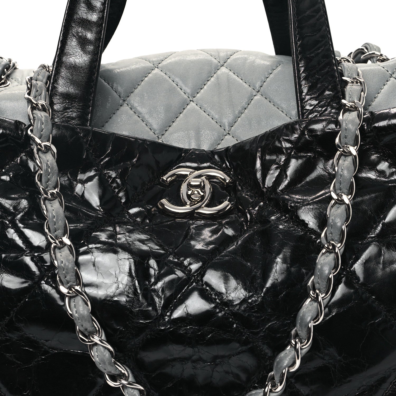 Chanel Glazed Calfskin Lambskin Quilted Portobello Tote Black Grey 8 of 11