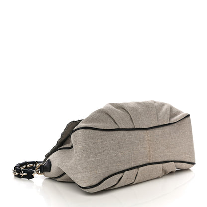 Fendi Linen Embroidered Mia Shoulder Flap Beige Black 4 of 21