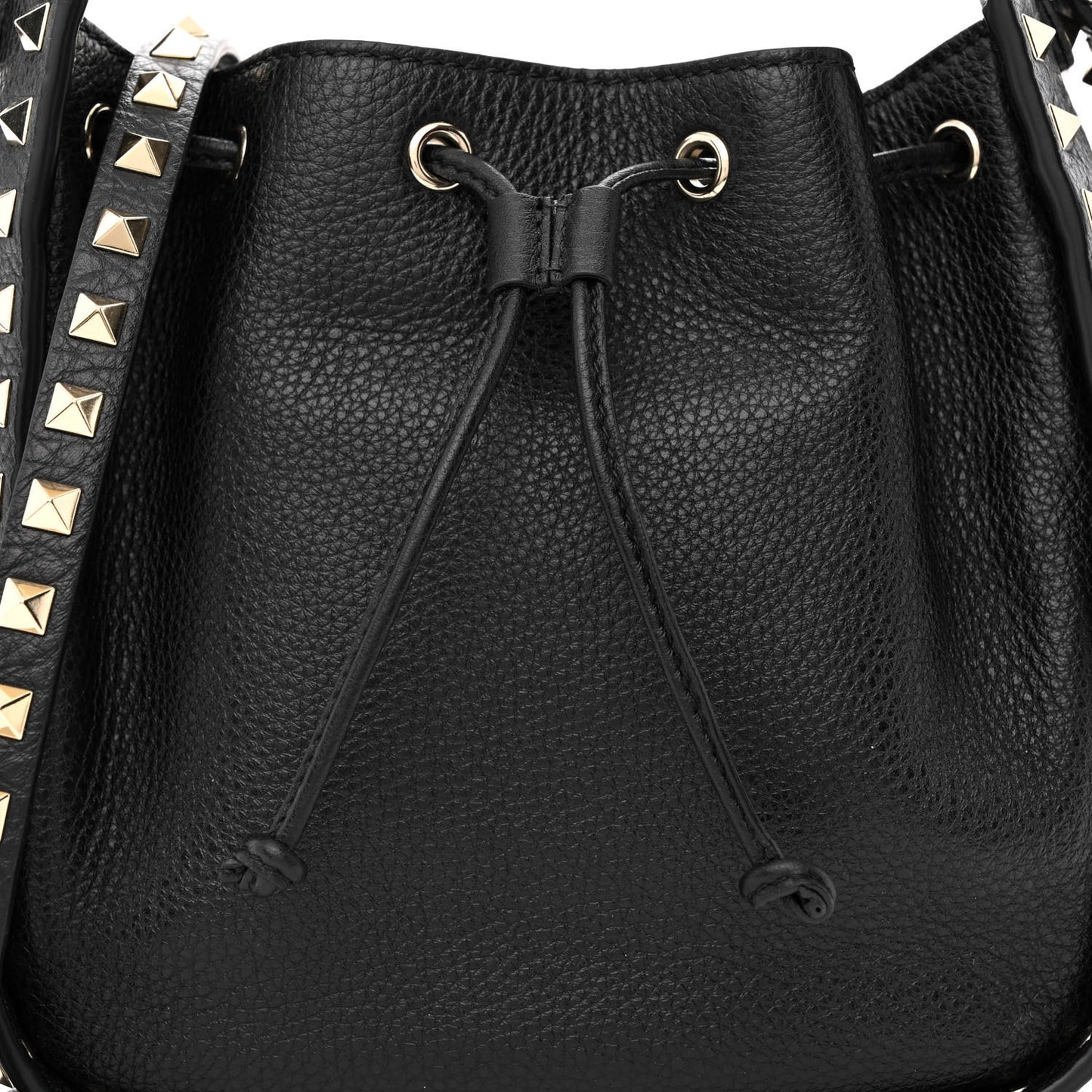 Grained Calfskin Rockstud Bucket Bag Black