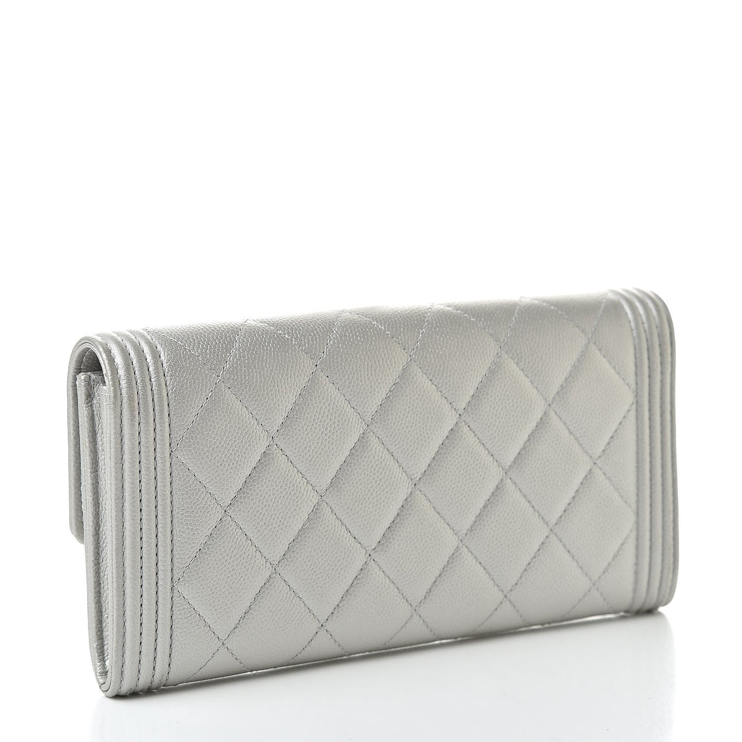 Metallic Caviar Quilted Large Boy Gusset Flap Wallet Silver