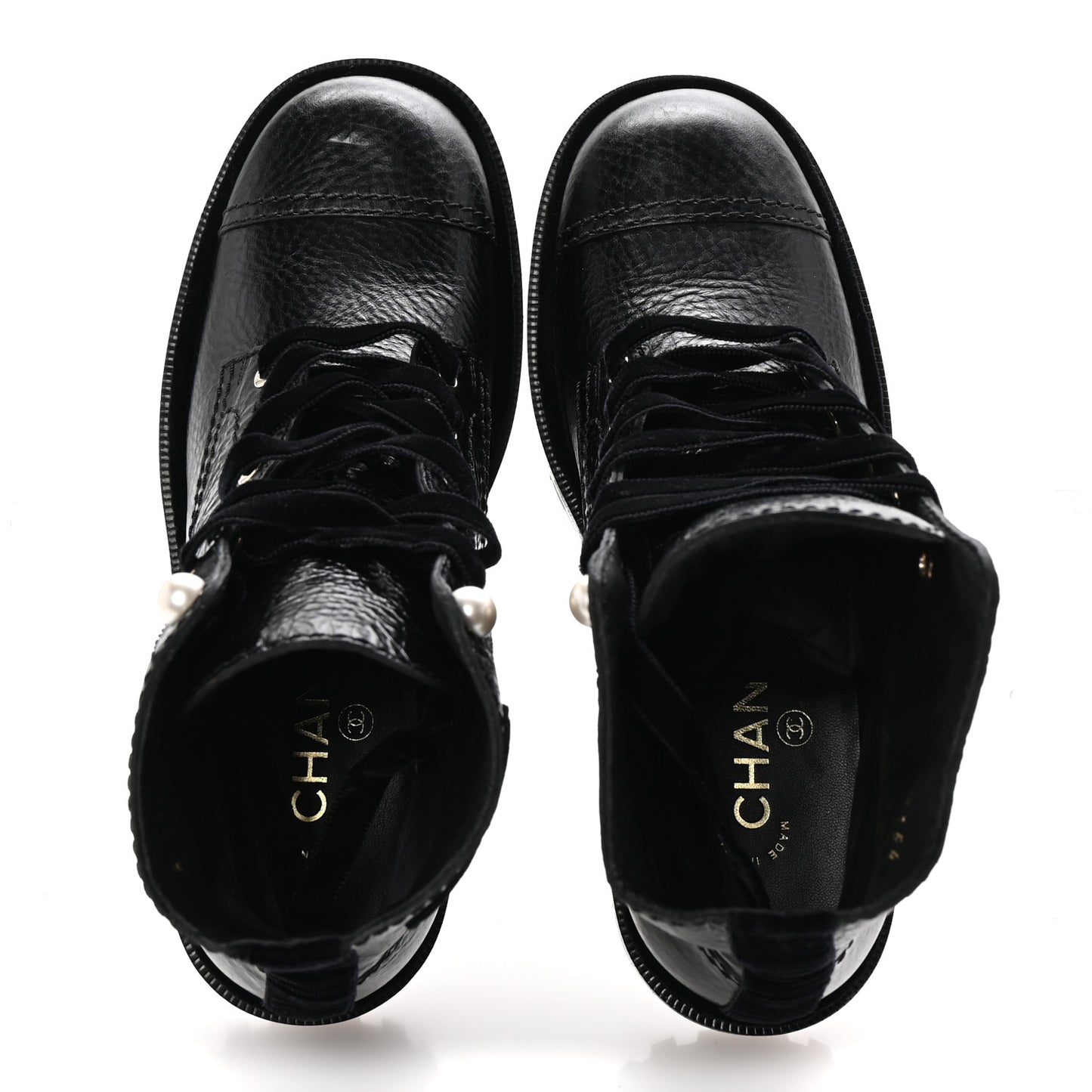 Shiny Calfskin Velvet Pearl Combat Short Boots 38 Black