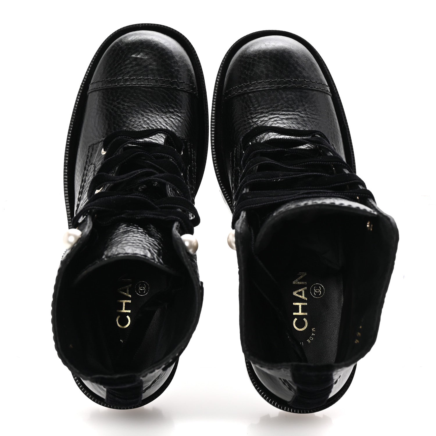 Chanel Shiny Calfskin Velvet Pearl Combat Short Boots 38 Black 2 of 10