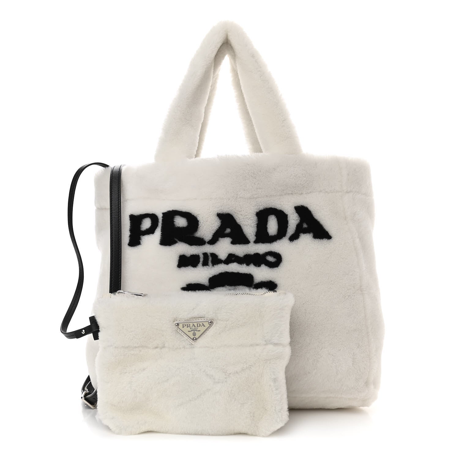 Prada Shearling Logo Tote White Black 1 of 11