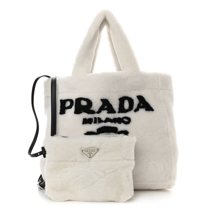 Prada Shearling Logo Tote White Black 1 of 11