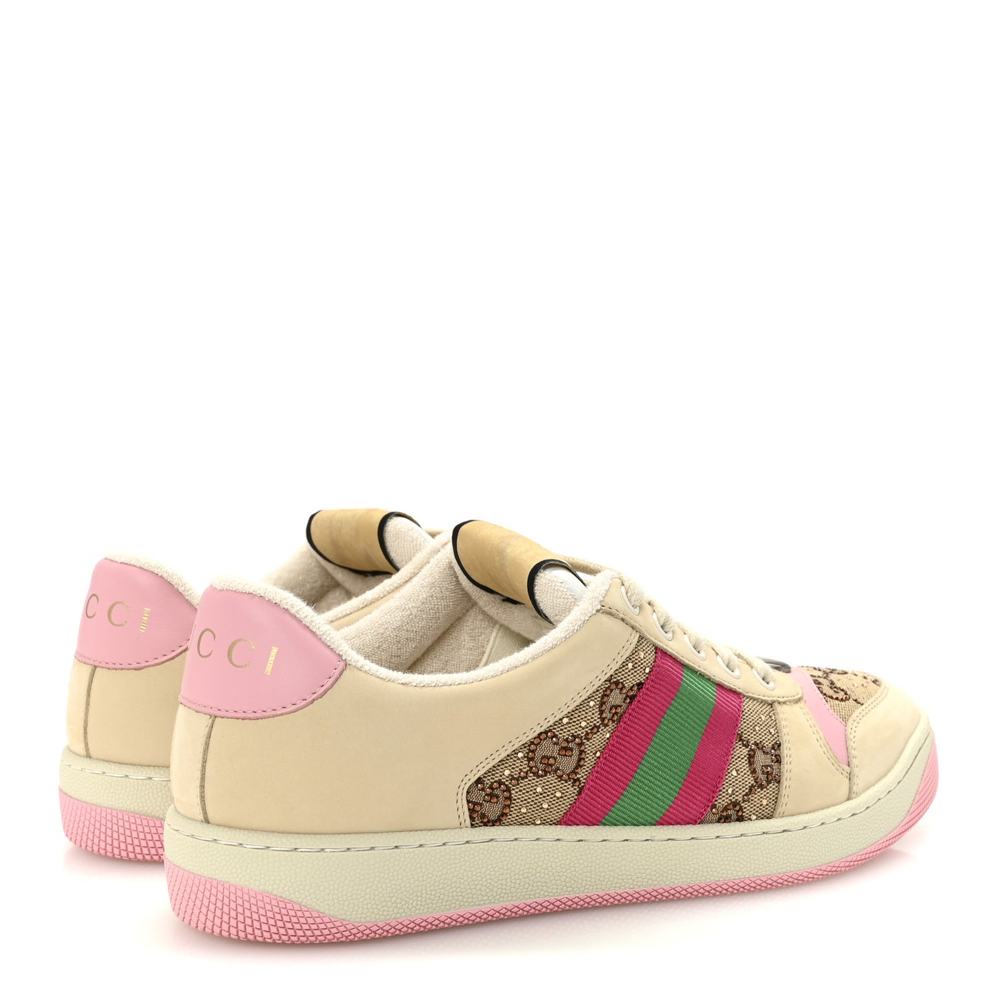Calfskin GG Supreme Crystals Web Screener Sneakers 38 Beige Ebony Wild Rose
