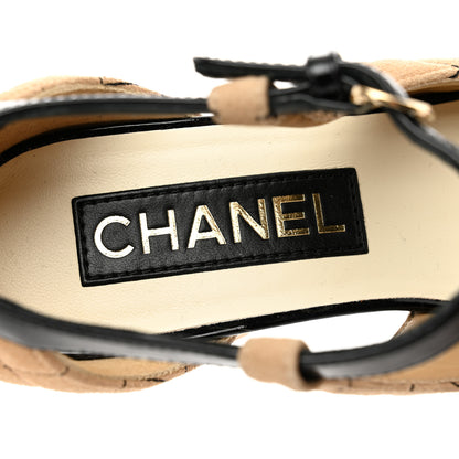 Chanel Suede Kidskin Patent Cap Toe Quilted Mary Jane Flats 37 Beige Black 7 of 9