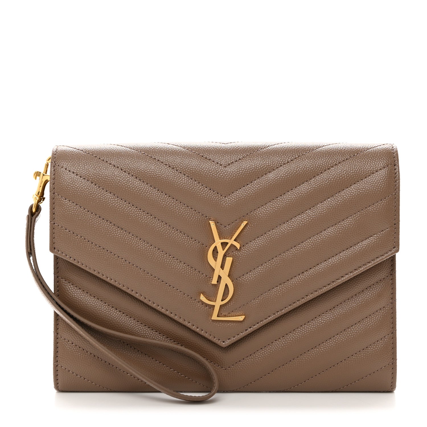 Saint Laurent Grain De Poudre Matelasse Chevron Monogram Cassandre Flap Pouch Taupe 1 of 8