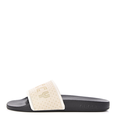 Gucci X SEGA Supreme Canvas GUCCY Stars Womens Slide Sandals 39 Mystic White Gold 1 of 7