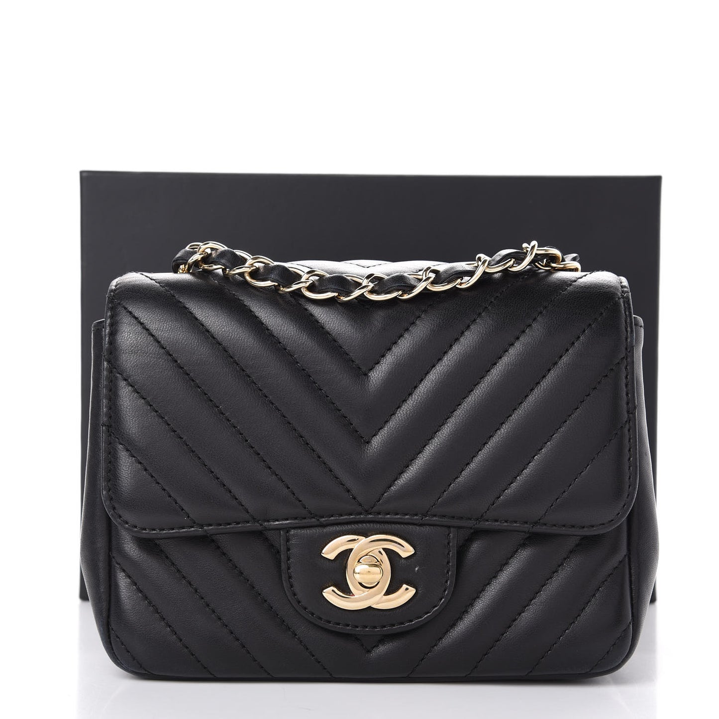 Lambskin Chevron Quilted Mini Square Flap Black