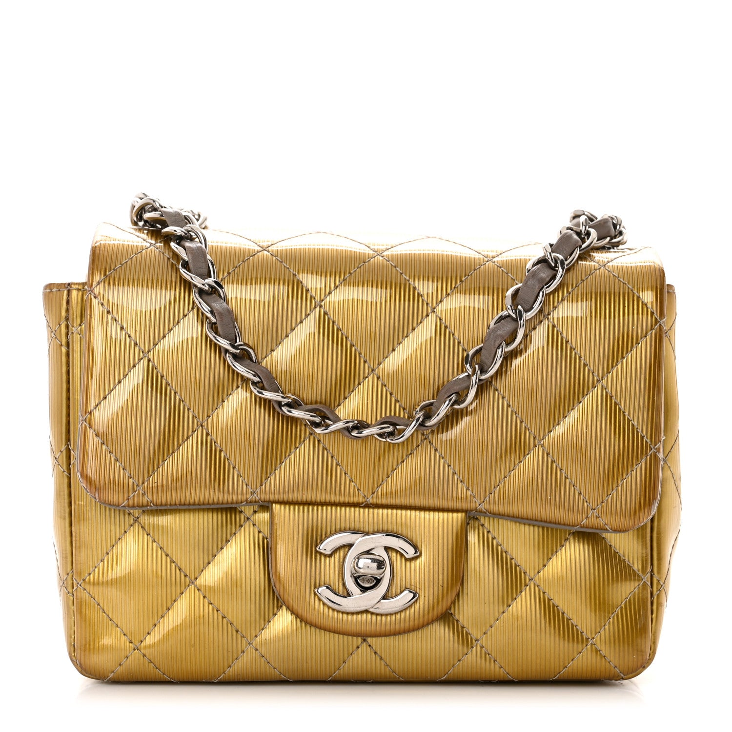 Chanel Striated Patent Quilted Mini Square Flap Beige 1 of 14