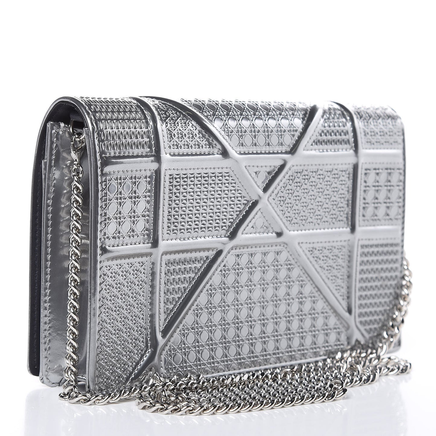 Metallic Patent Micro-Cannage Diorama Wallet on Chain Pouch Silver