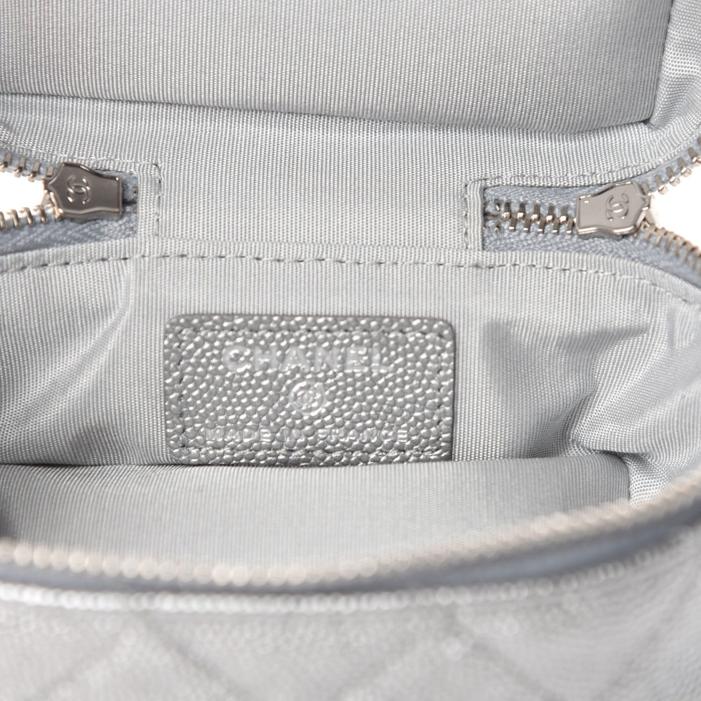 Metallic Caviar Quilted Mini Top Handle Vanity With Chain Silver
