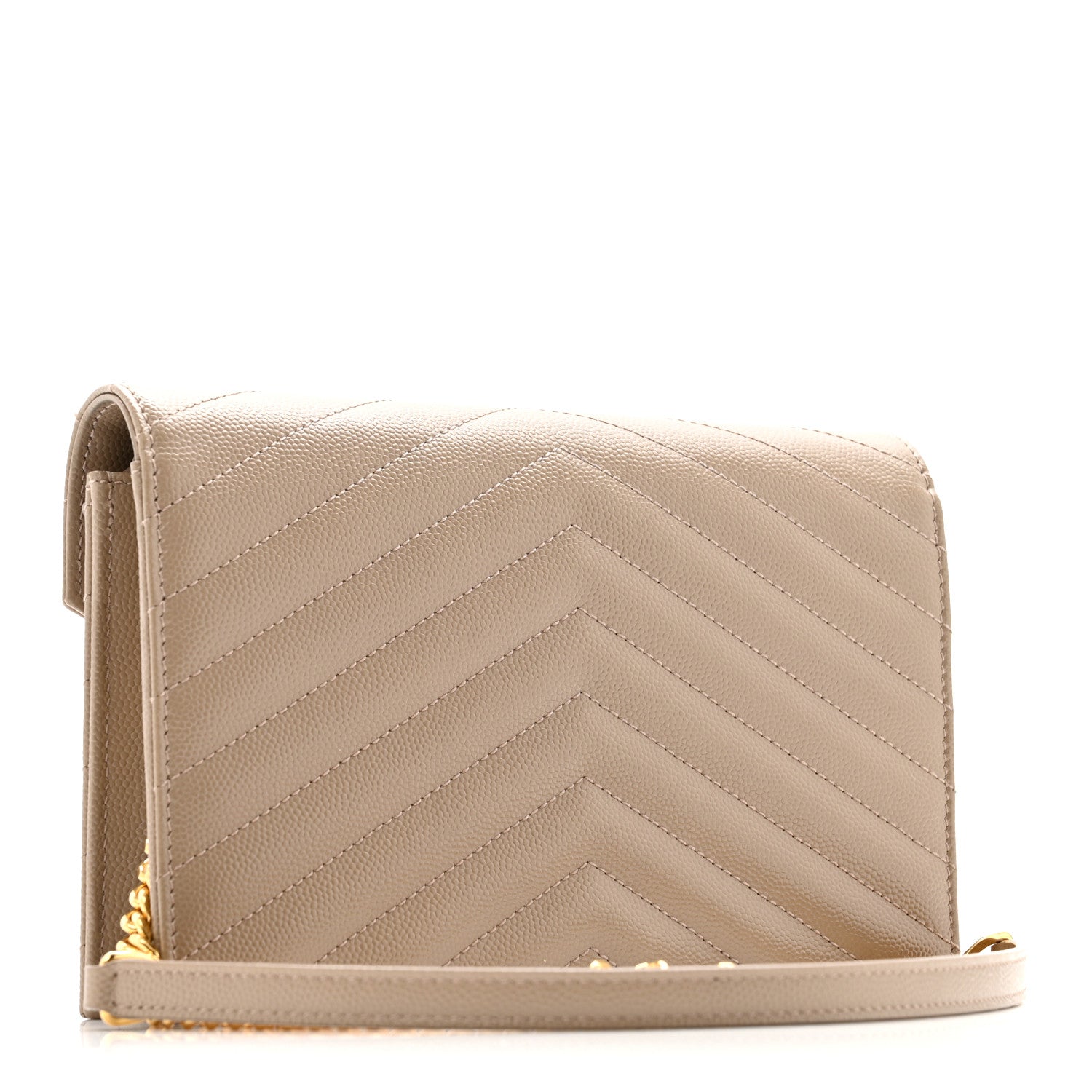 Saint Laurent Grain De Poudre Matelasse Chevron Monogram Envelope Chain Wallet Dark Beige 3 of 17