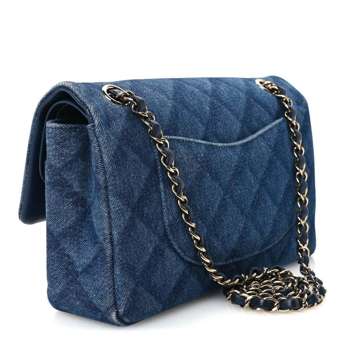Printed Denim Quilted Medium Double Flap Dark Blue