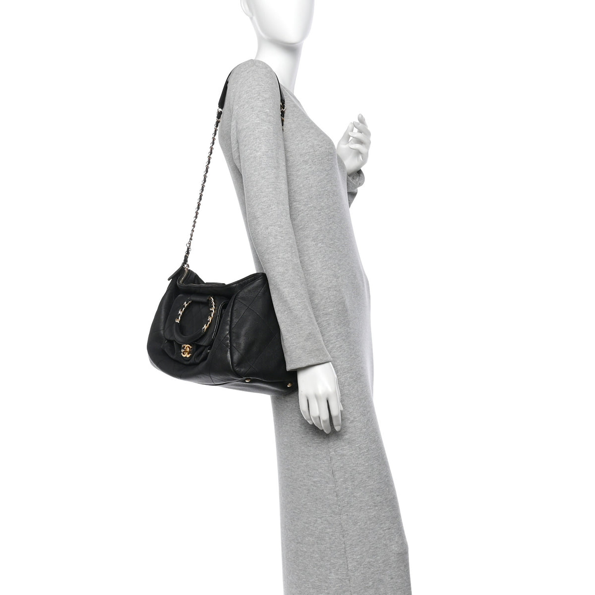 Grained Calfskin Lambskin Quilted Large Bowling Bag Black