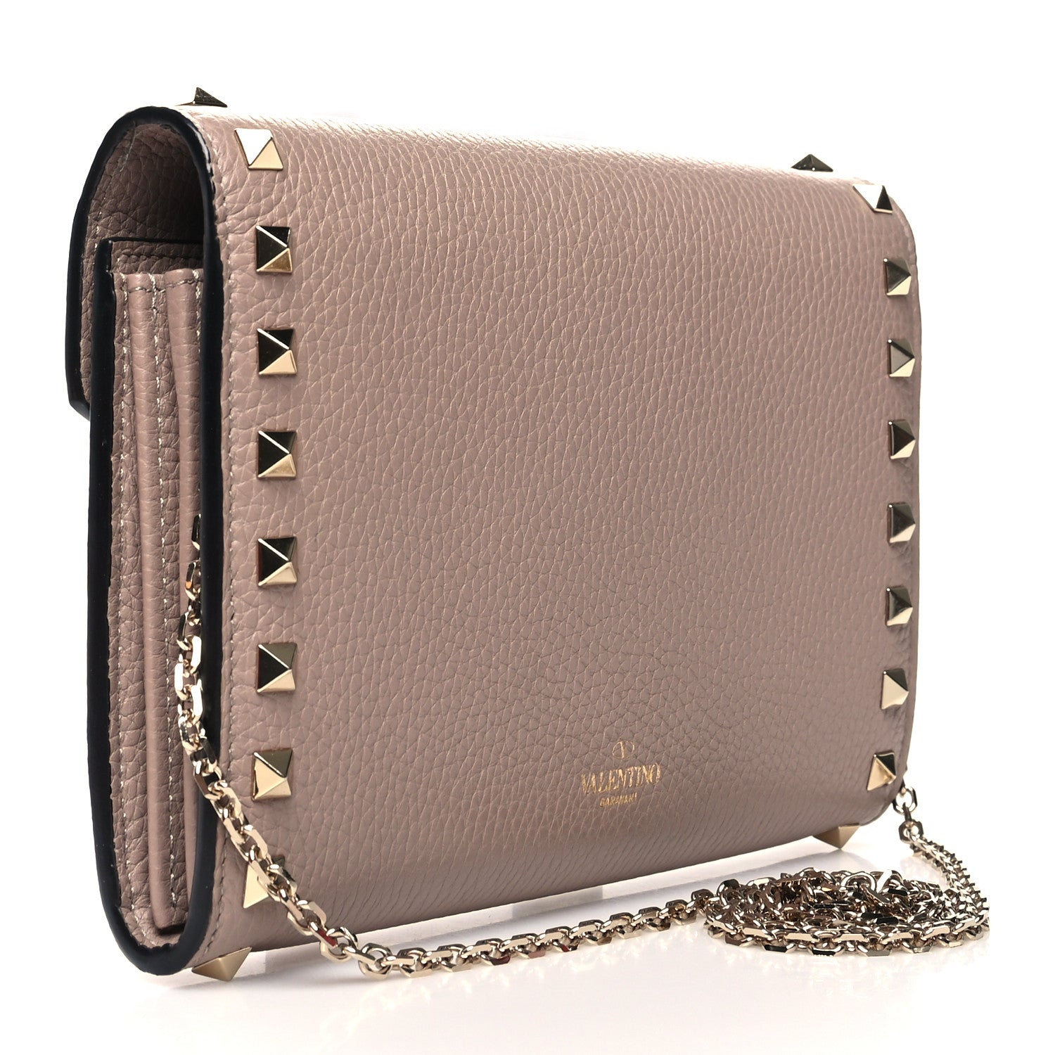 Valentino Garavani Pebbled Calfskin Rockstud Envelope Wallet on Chain Poudre 3 of 12