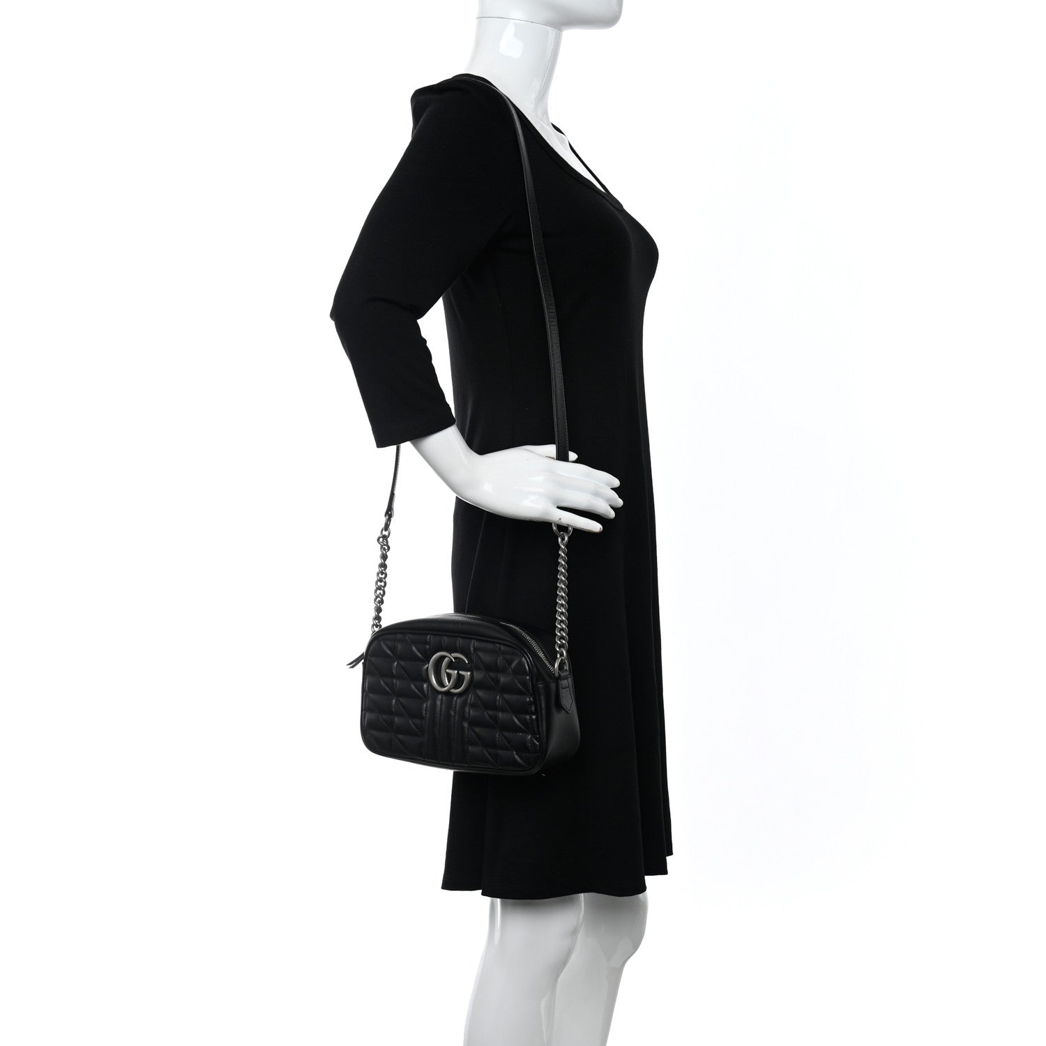 Gucci Calfskin Matelasse Aria Small GG Marmont Chain Shoulder Bag Black 2 of 9