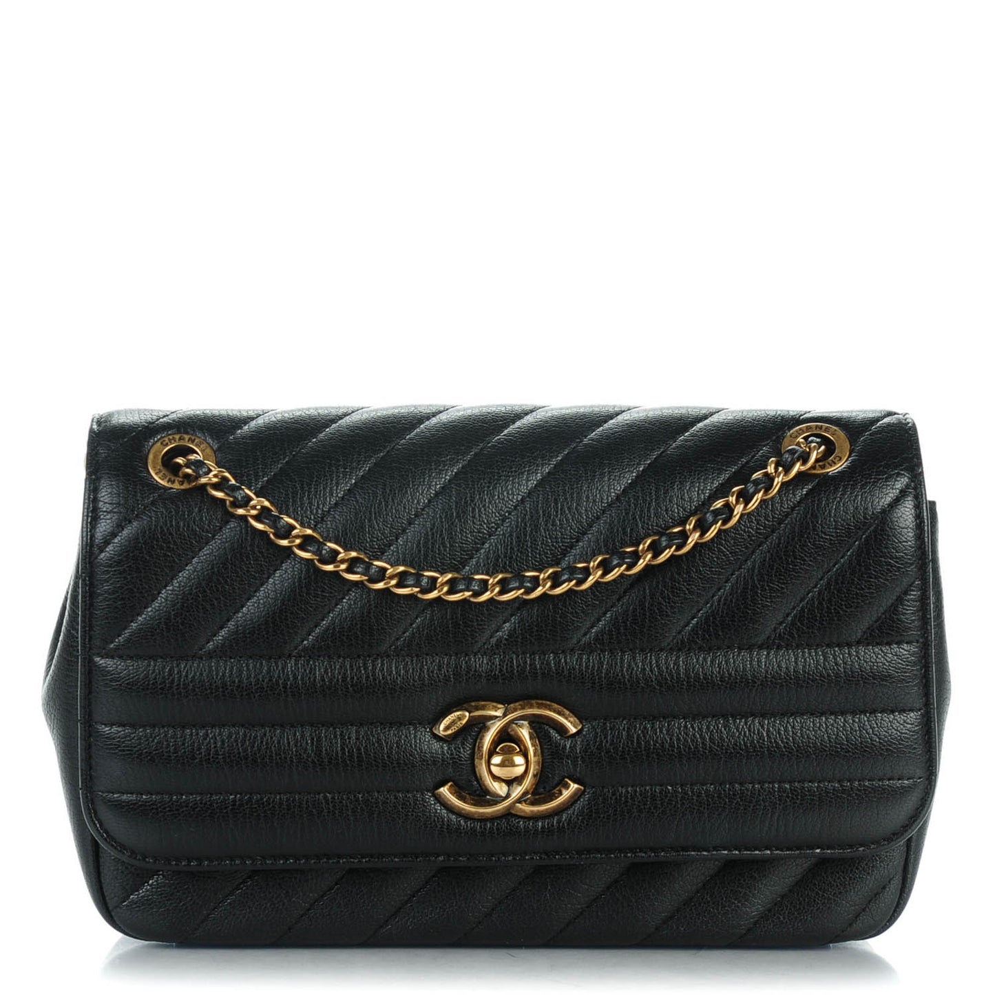 Shiny Goatskin Diagonal Quilted Smalll Flap Black