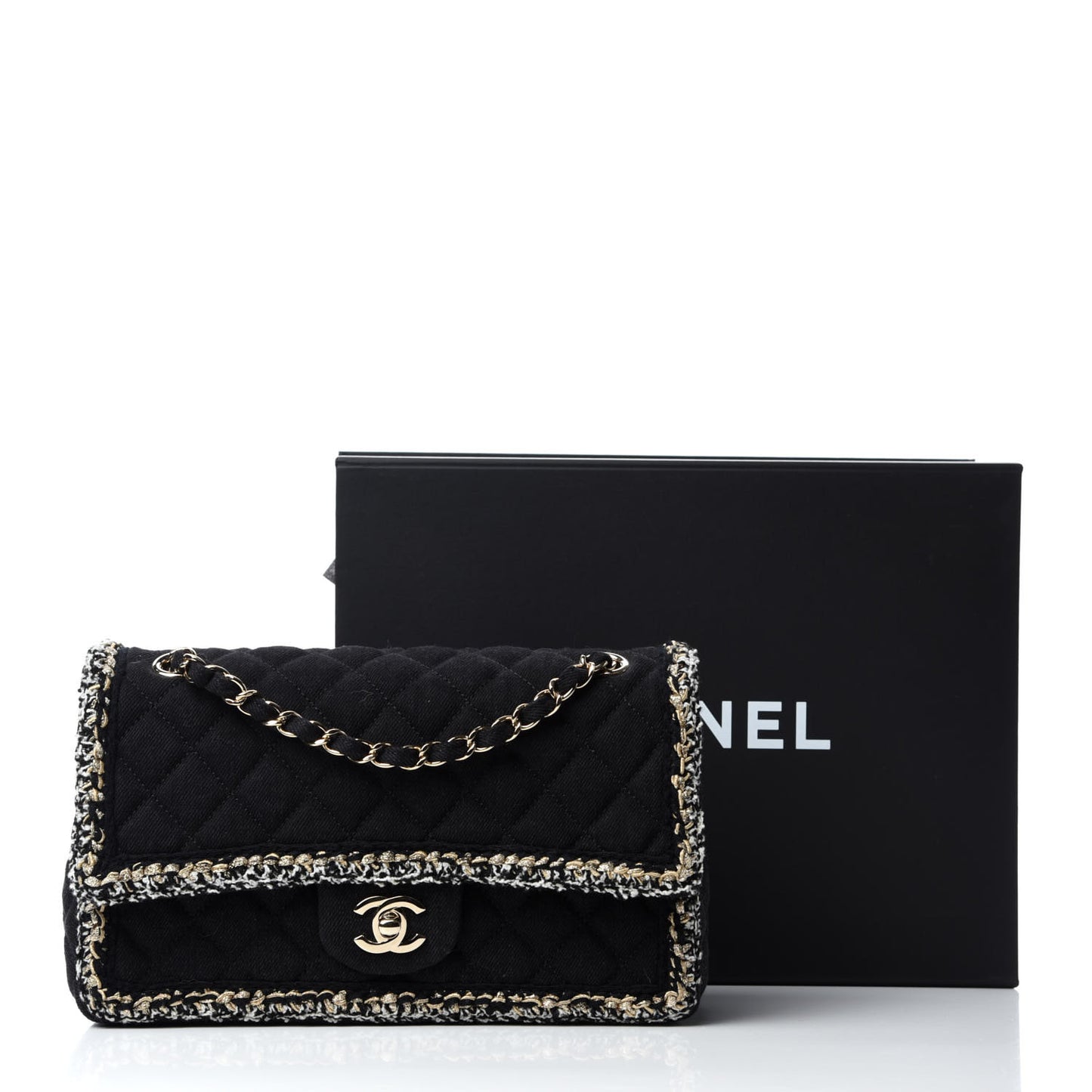 Denim Braided Medium Flap Bag Black