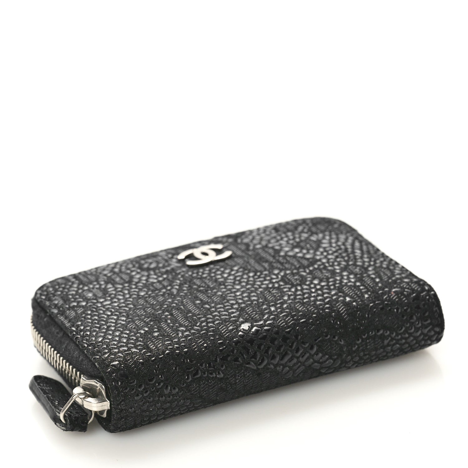 Chanel Suede Floral Embossed Zipped Coin Purse Black 4 of 9
