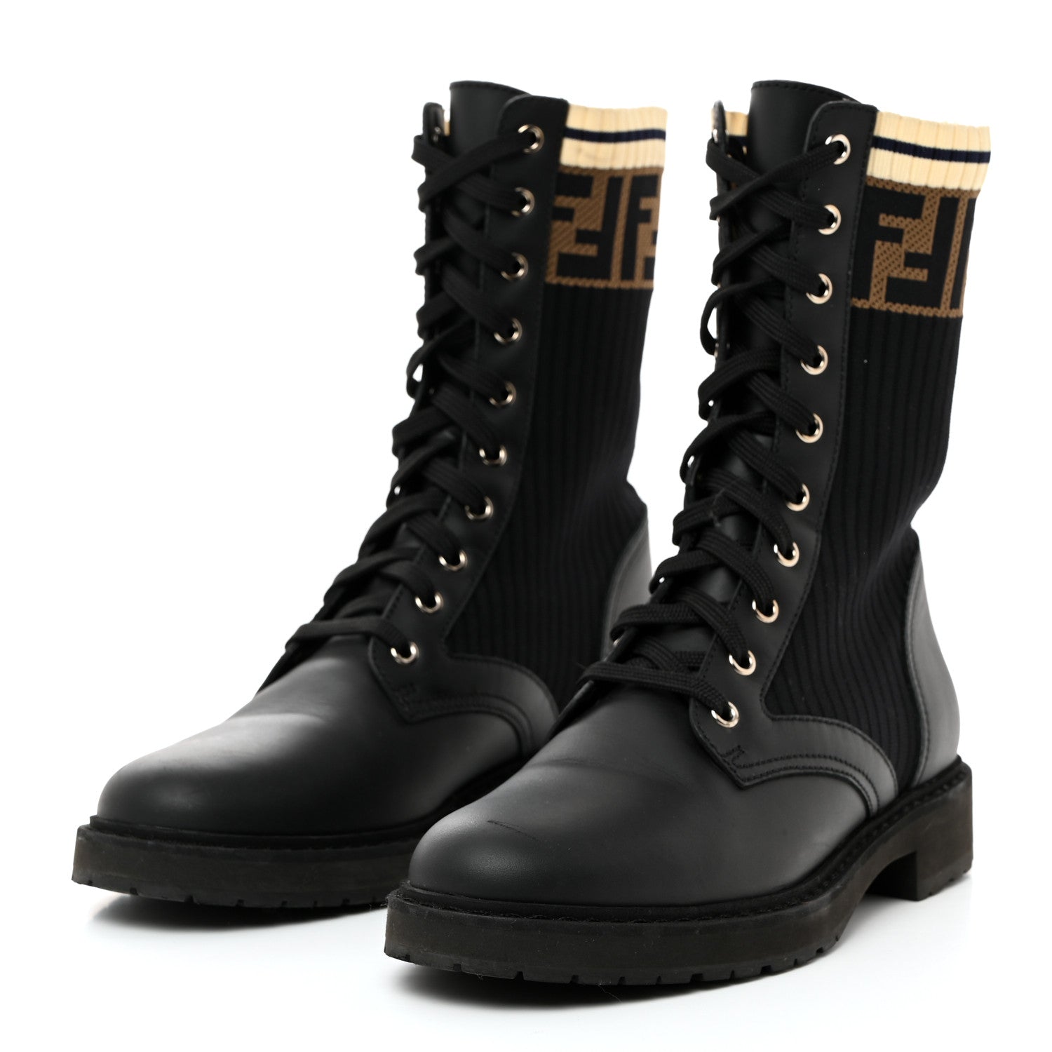 Fendi Calfskin Stretch Fabric Rockoko Biker Boots 39 Tobacco Black Marino 3 of 9