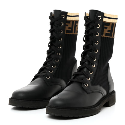 Fendi Calfskin Stretch Fabric Rockoko Biker Boots 39 Tobacco Black Marino 3 of 9