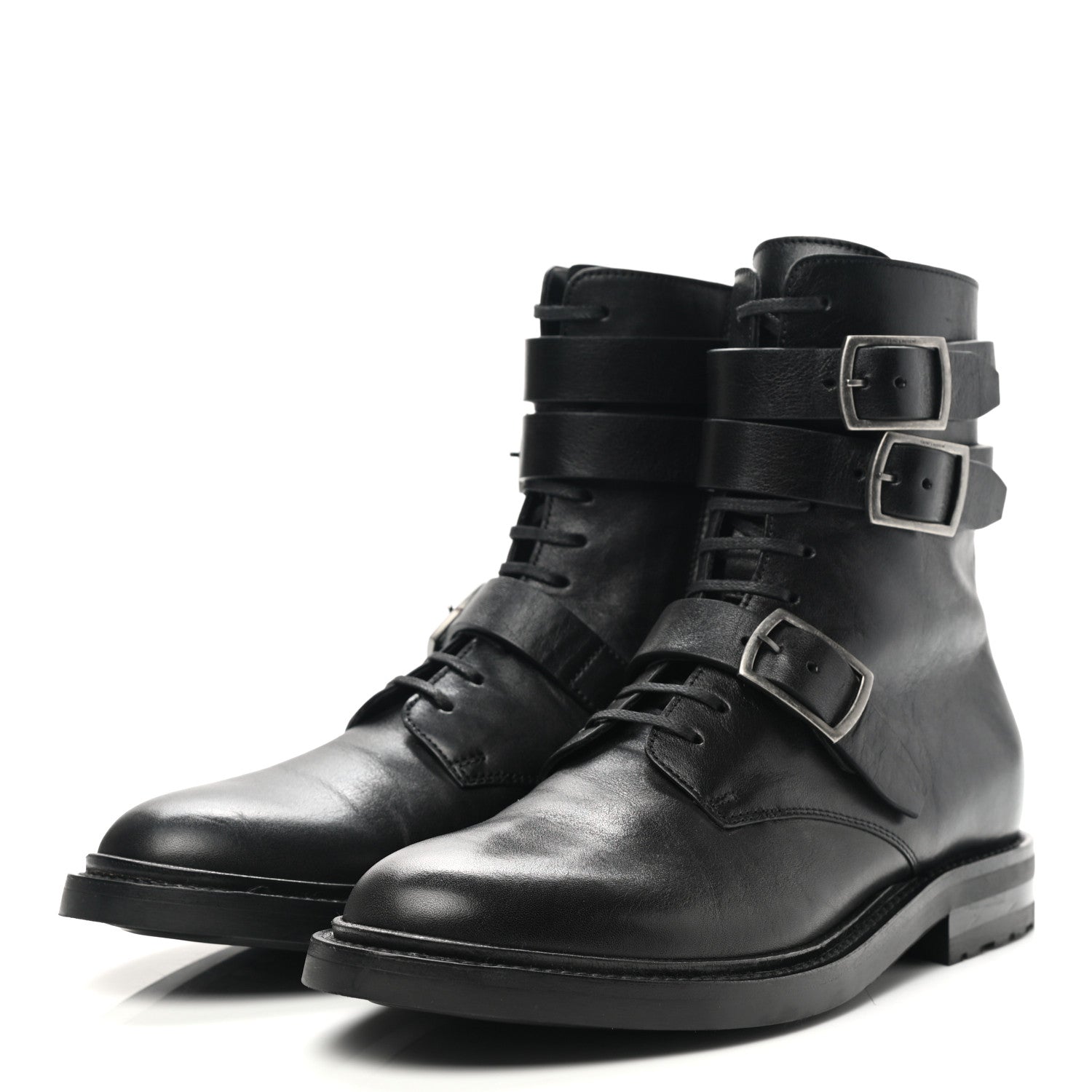 Saint Laurent Kangaroo Calfskin Embossed Army 20 Strap Boots 38.5 Black 3 of 10