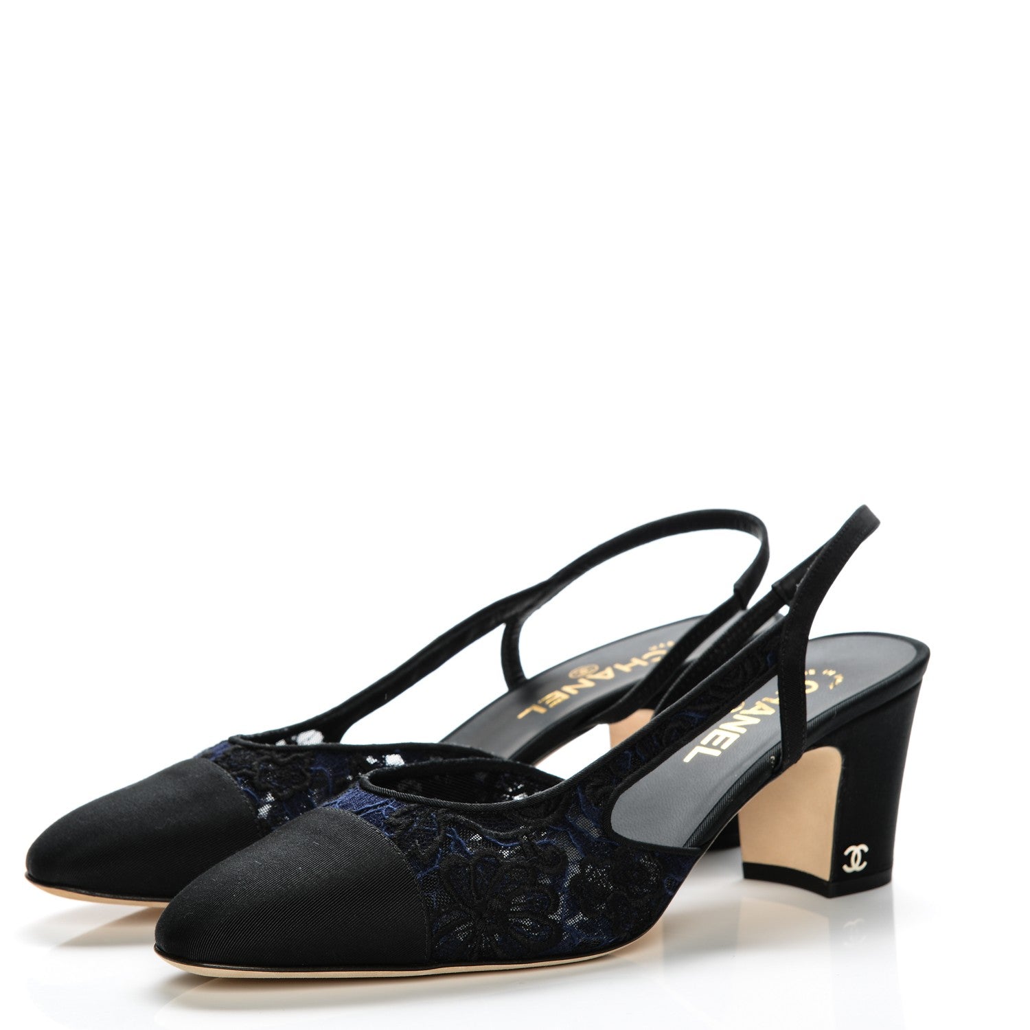 Chanel Lace Grosgrain Cap Toe CC Slingback Pumps 41 Navy Black 3 of 9